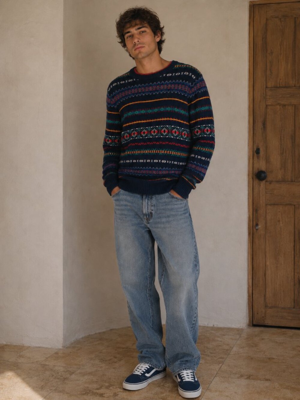 Urban Pipeline Mens L Navy Multi Color Fair Isle Pullover Sweater Crew Neck